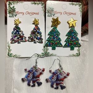 🎄 Set of 3 pairs of holiday Christmas Earrings – Trees & Santa/Snowman Duo